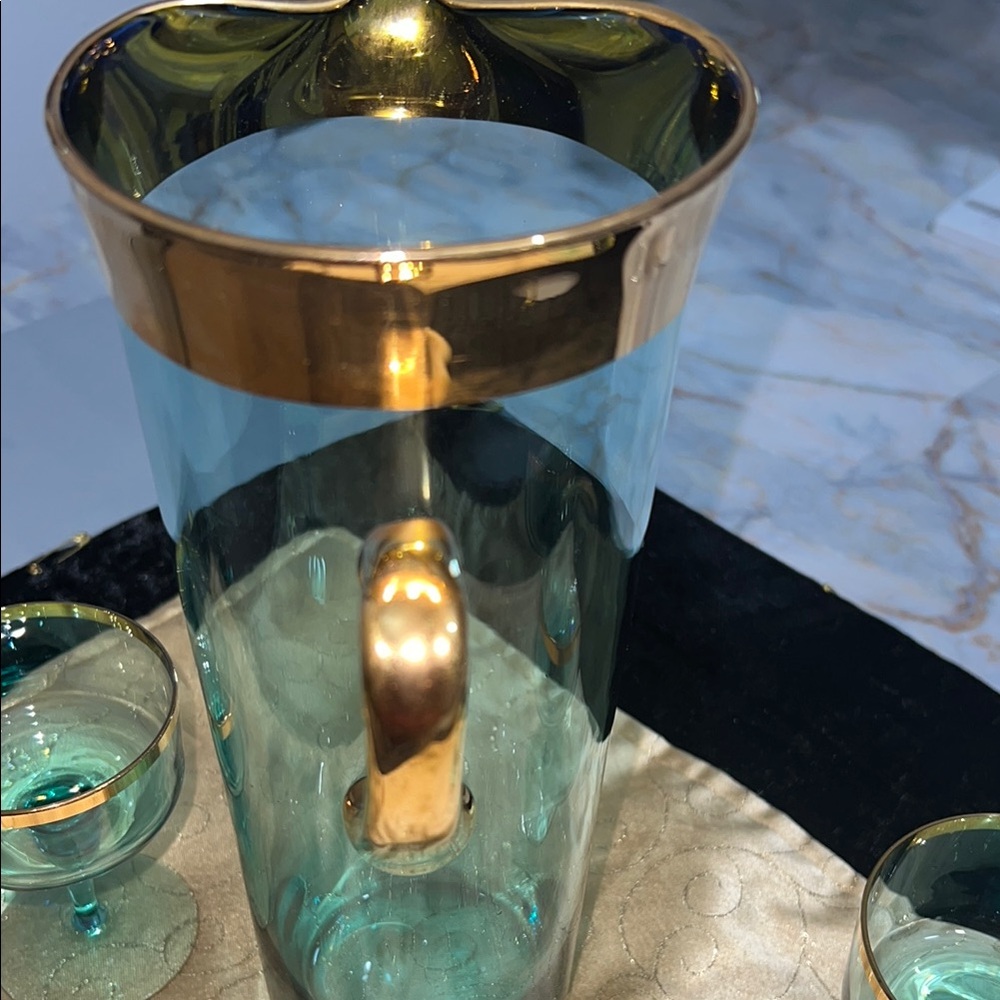 HUNGARIAN  Gold & Aqua COCKTAIL PITCHER set OF 3 pieces - Picture 7 of 9